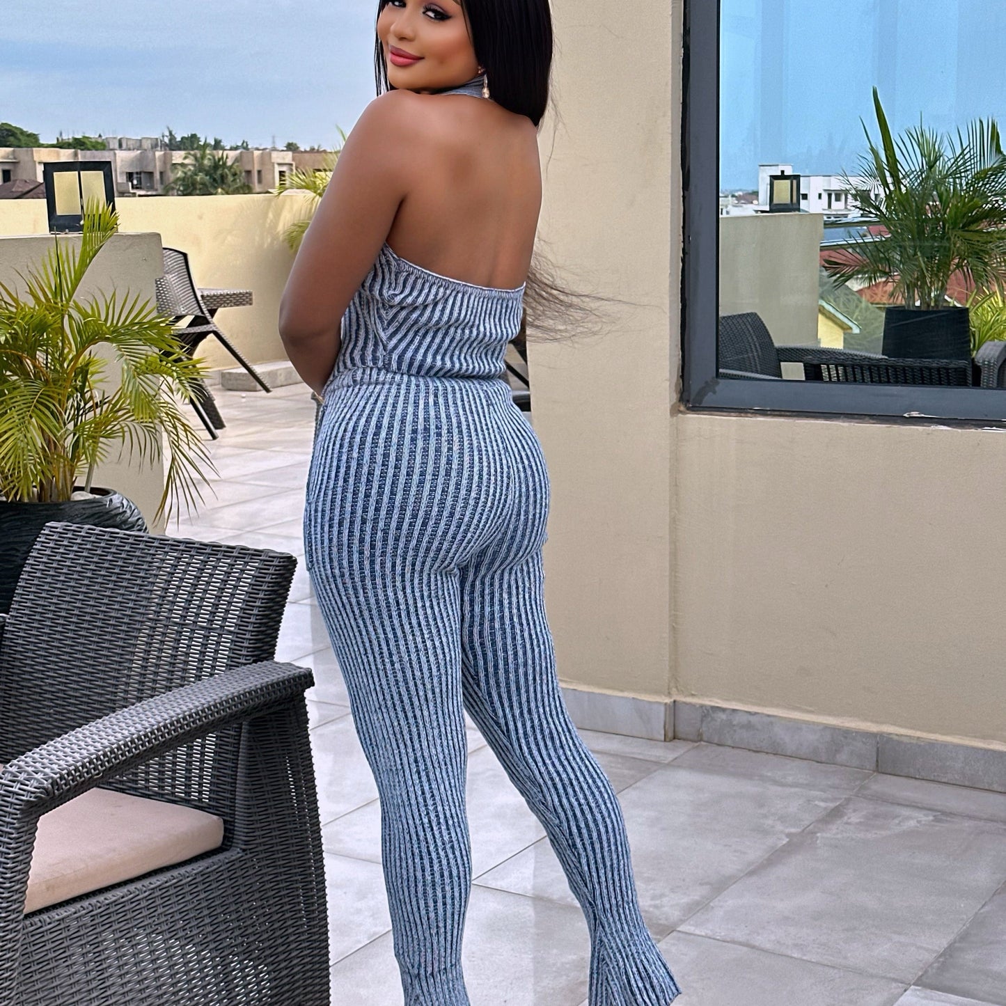 Striped Crochet Halter V-Neck Vest & Pant Set