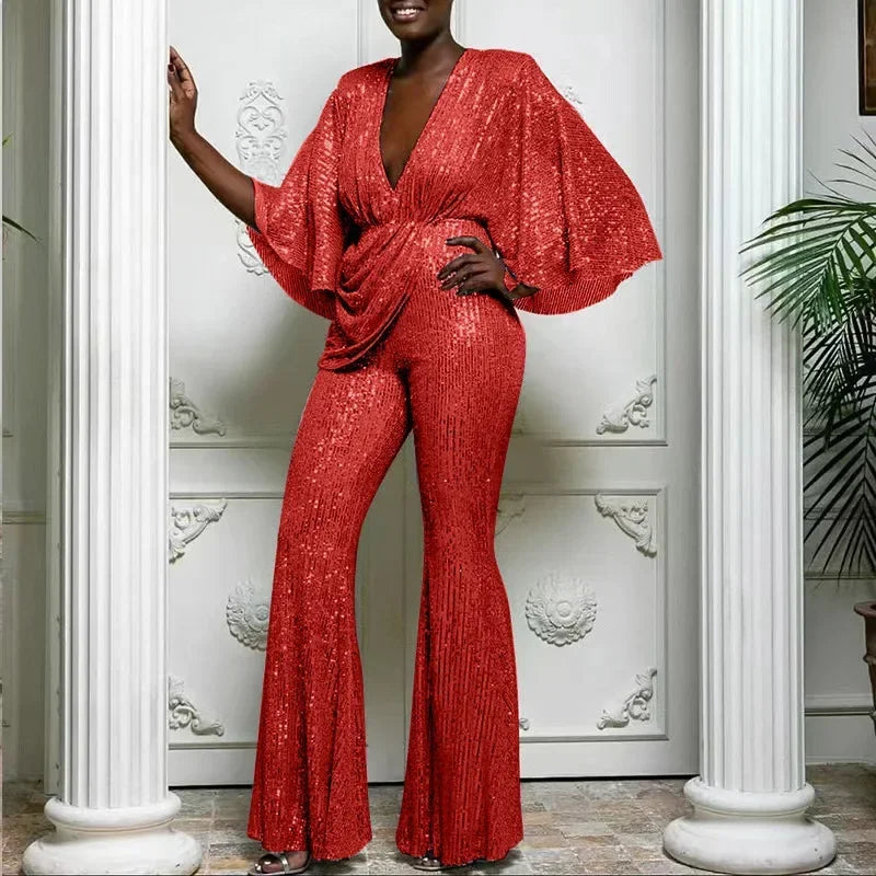 Deep V Sequinned Backless Jumpsuit