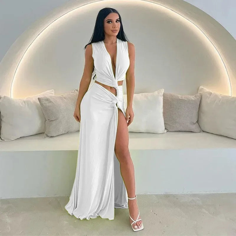 V Neck High Split Maxi Dress