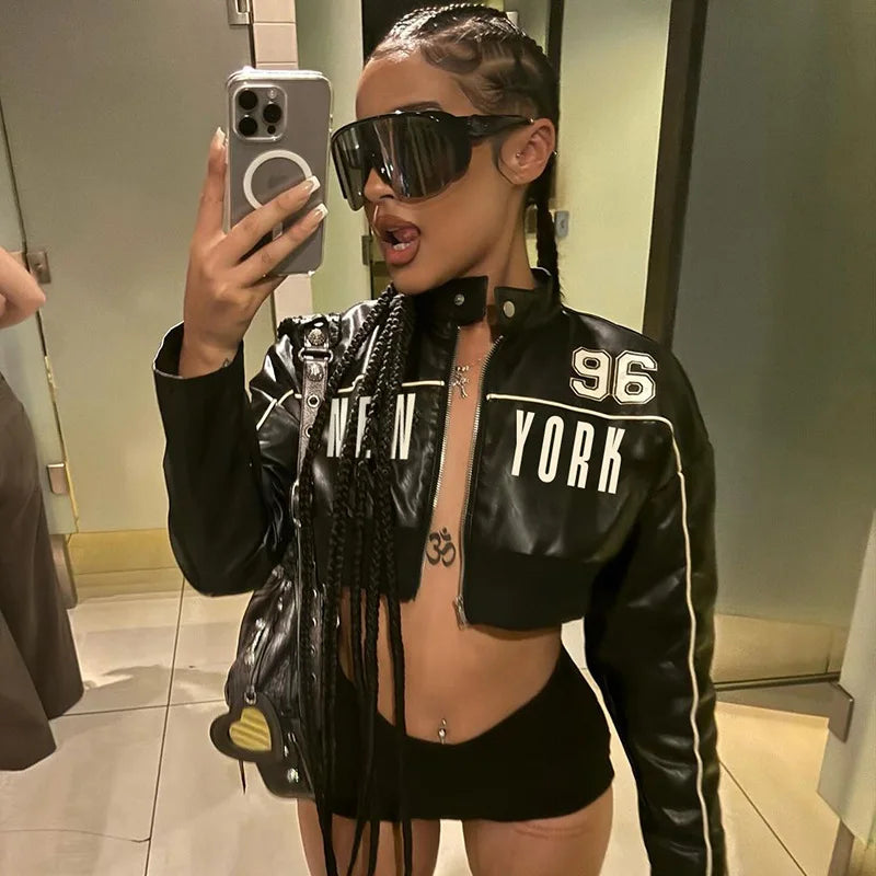 Black Letter Print Cropped Leather Jacket