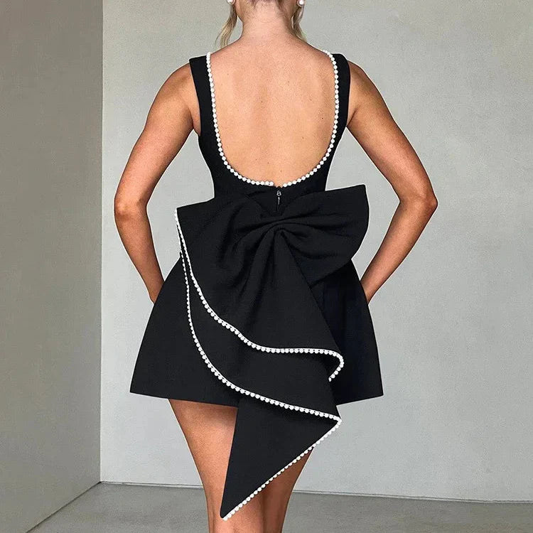 Pearl Bow Backless Mini Dress