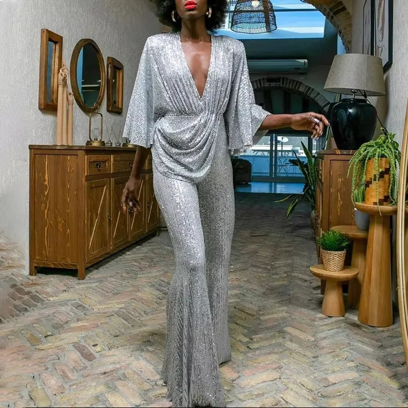 Deep V Sequinned Backless Jumpsuit