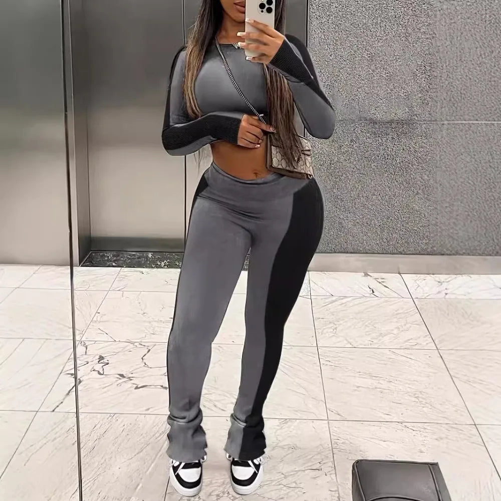 Long-Sleeve Crop Top and Flare Pant Activewear Set