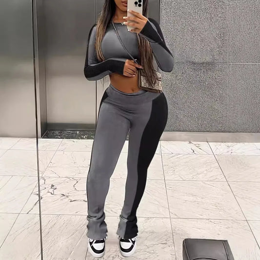 Long-Sleeve Crop Top and Flare Pant Activewear Set