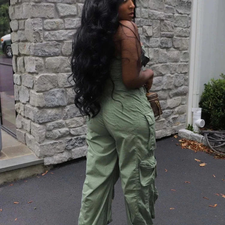 Strapless Button Ruched Cargo Jumpsuit