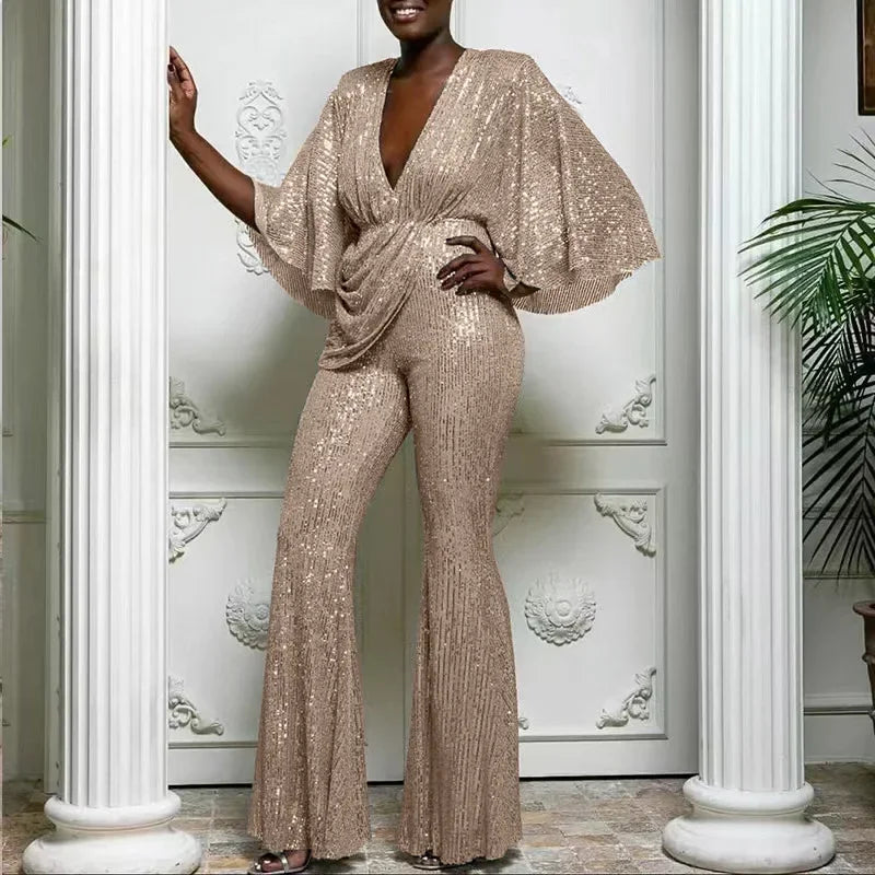 Deep V Sequinned Backless Jumpsuit