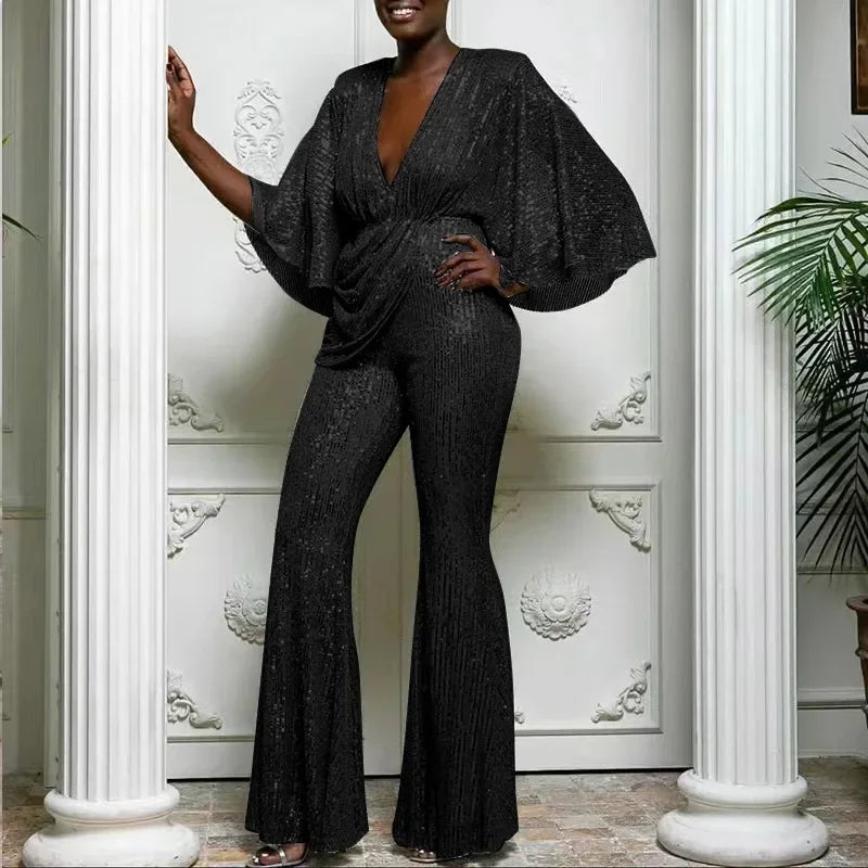 Deep V Sequinned Backless Jumpsuit