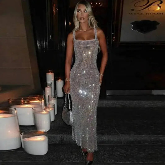 Sequined Mesh Diamond Maxi Dress