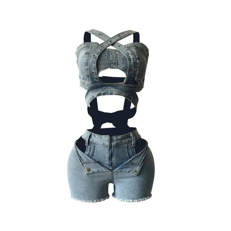 Two Piece Denim Top and Short Set