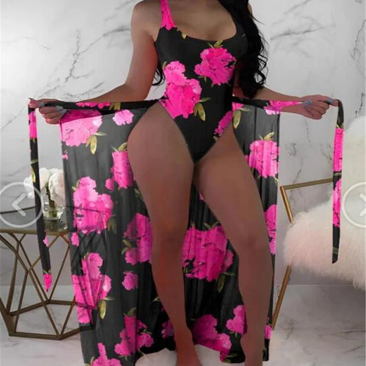 Two Piece Floral Print Swimwear With Beach Skirt