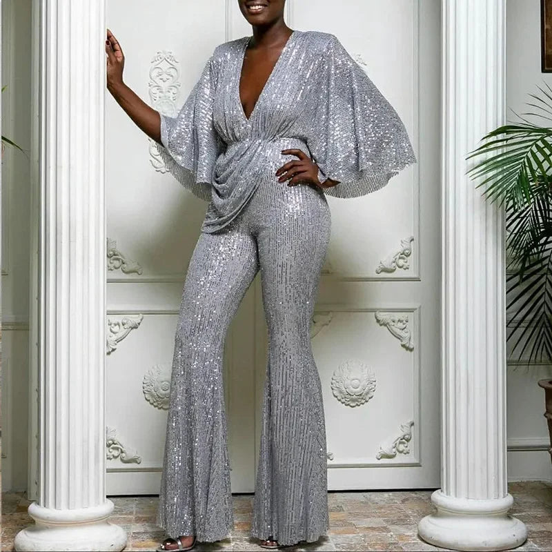 Deep V Sequinned Backless Jumpsuit