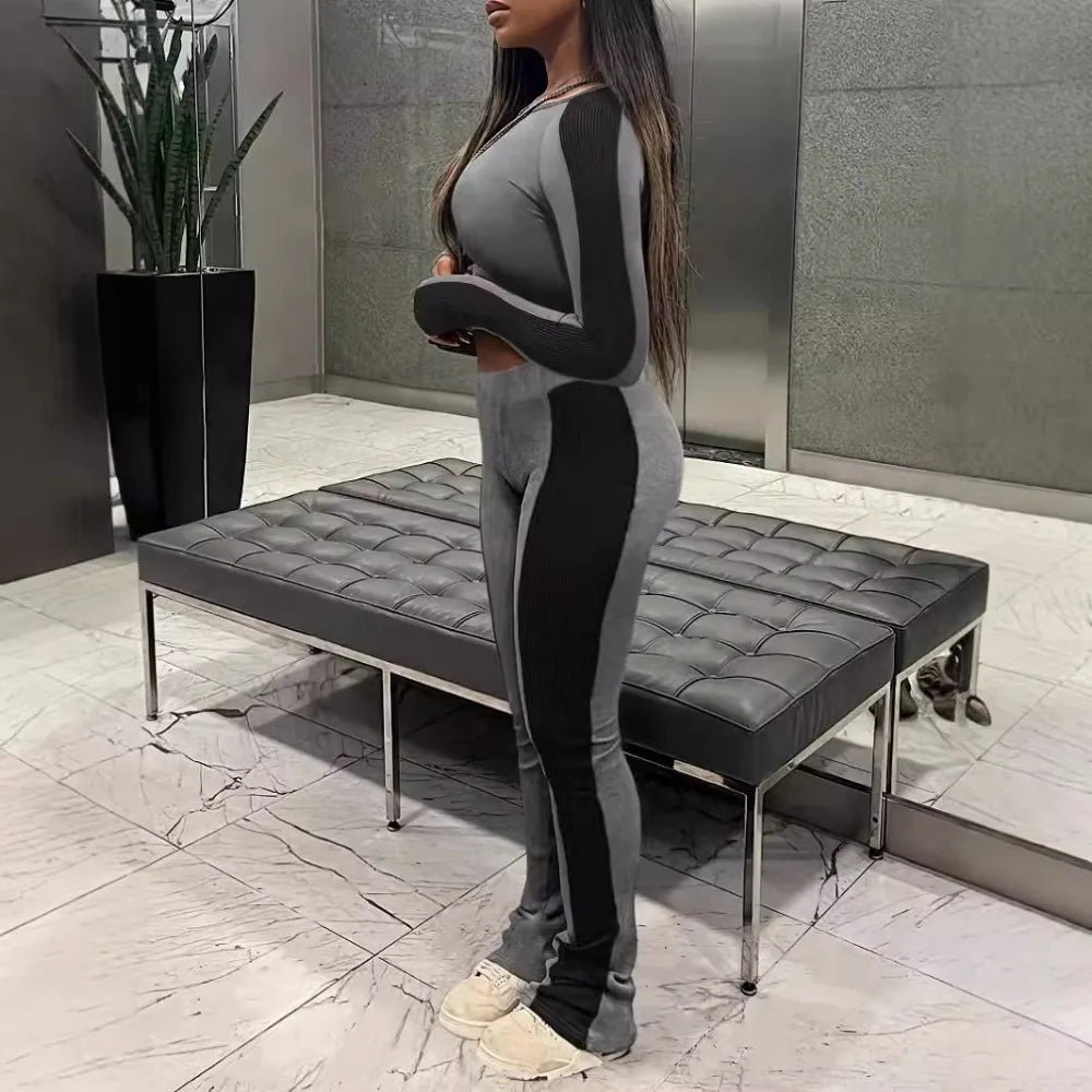 Long-Sleeve Crop Top and Flare Pant Activewear Set