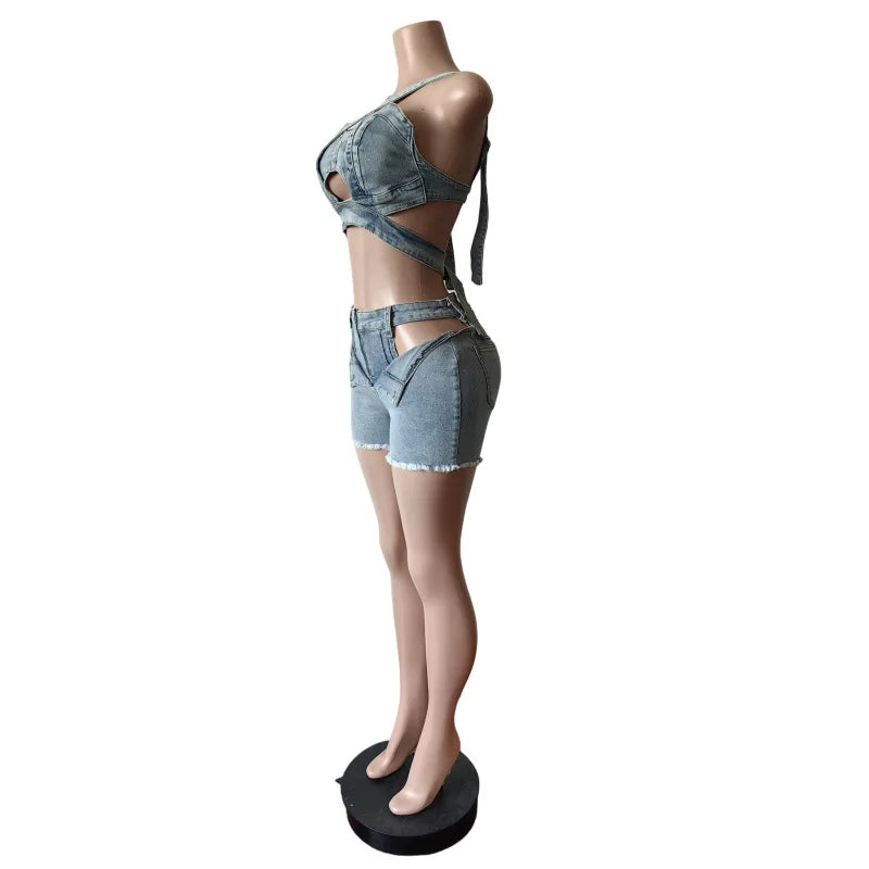 Two Piece Denim Top and Short Set